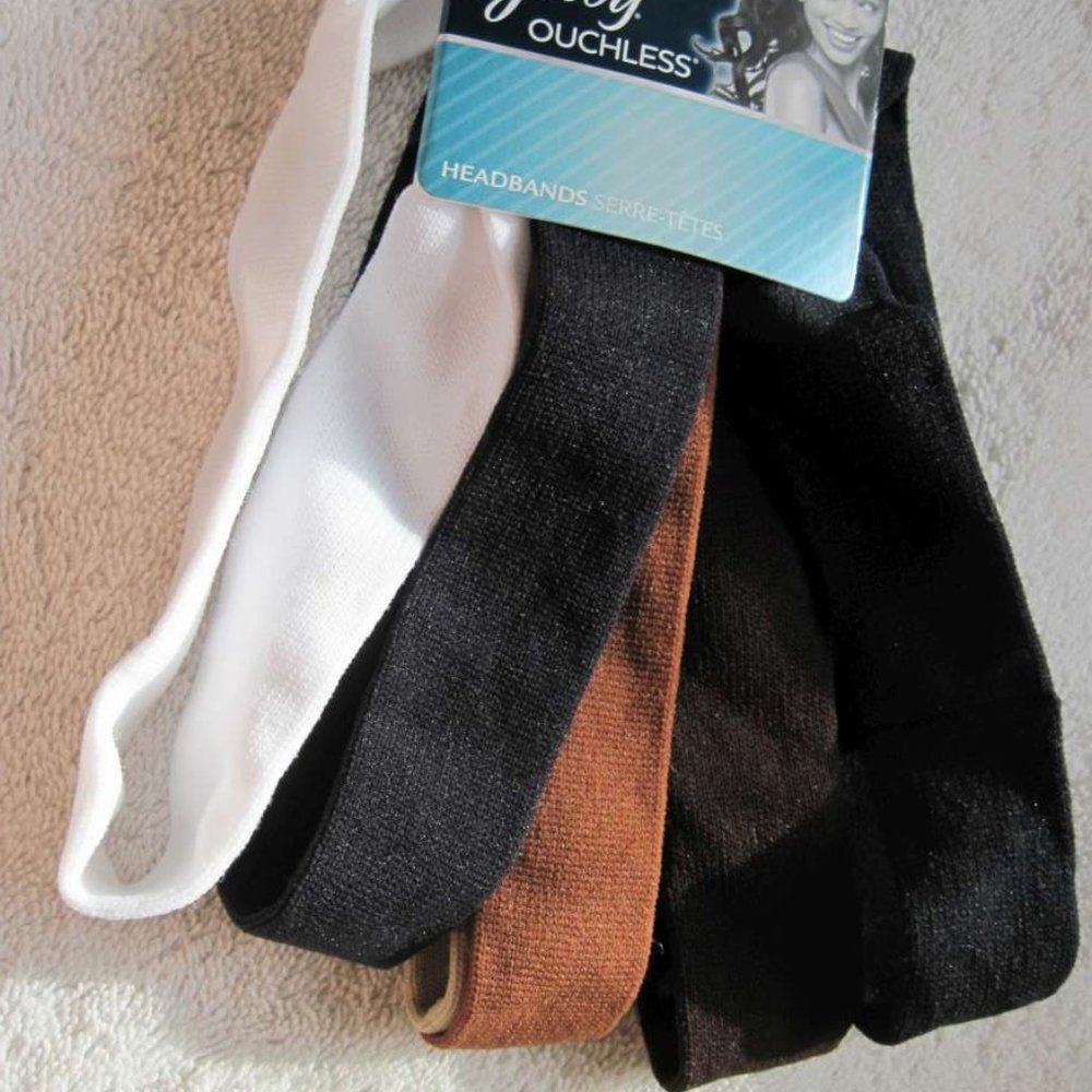 6 Goody Classics Ouchless Gentle Soft Fabric Head Bands White Tan Brown Black